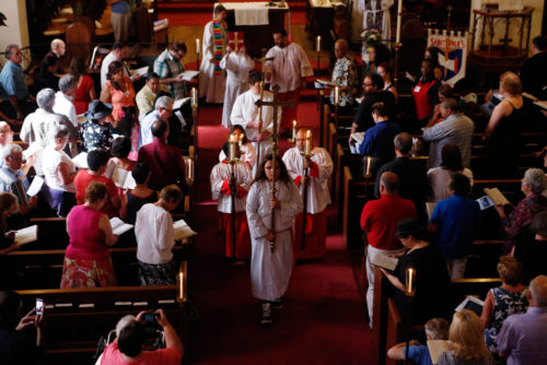 Members of St. Paul's, Bakersfield, hold a welcoming service on July 28 in celebration of the return to their church property. Photo: Bakersfield Californian