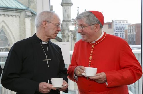 The Archbishop of Canterbury, Justin Welby, and the Roman Catholic Archbishop of Toronto, Cardinal Thomas Collins, at an ecumenical reception in St. James Cathedral Centre. Welby visited the Anglican Church of Canada April 7 to 8. Photo: Michael Hudson 