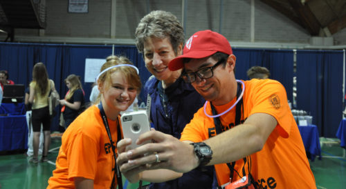 Presiding Bishop Katharine Jefferts Schori poses July 12 with Haven Waldrip and Dayton Hobson from the Diocese of Oklahoma for one of the many selfies Episcopal Youth Event 2014 participants captured with her during the July 9-12 gathering. Photo: Mary Frances Schjonberg/Episcopal News Service