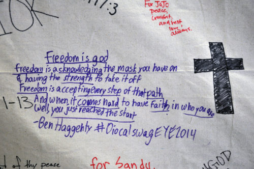 One of the many prayers that fills a nine-panel prayer wall that greets Episcopal Youth Event 2014 participants when they enter the Pavilion at Villanova University for worship and plenary sessions. Photo: Mary Frances Schjonberg/Episcopal News Service