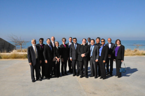 The interfaith delegation gather for a group photo outside the Peres Peace Center in Jaffa, Israel, following a meeting with former Israeli Prime Minister Shimon Peres. Photo: Matthew Davies/ENS