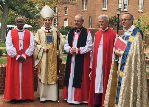 Presiding Bishop-Elect Michael Curry, Presiding Bishop Katharine Jefferts Schori, Archbishop of Canterbury Justin Welby, former Presiding Bishop Frank Griswold and Virginia Theological Seminary Dean Ian Markham gather Oct. 13 before the seminary’s consecration and dedication of Immanuel Chapel. Photo: The Episcopal Church via Facebook 