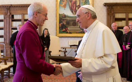 Meetings between Popes and Archbishops of Canterbury, as seen here when Archbishop Justin Welby met Pope Francis at the Vatican in 2013, are no longer unusual; but the public meeting between Archbishop Ramsey and Pope Paul VI in the Sistine Chapel 50 years ago – on 23 March 1966 – was the first since the Reformation. Photo: Lambeth Palace