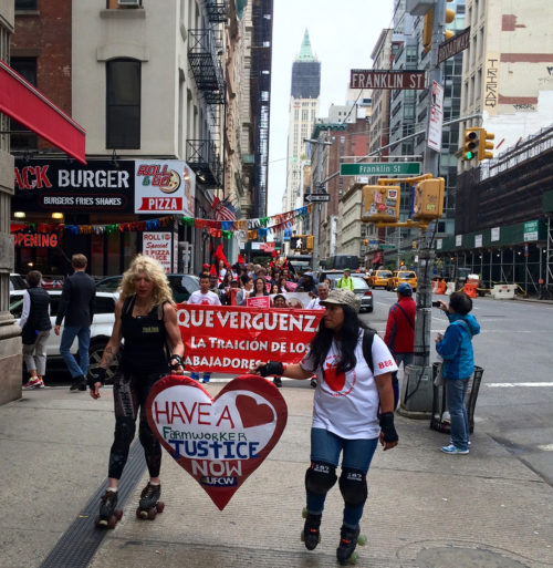 1.Marchers for farmworker justice paraded, chanted, and passed out flyers through lower Manhattan on Day 7 of the 18-day March for Farmworker Justice event, spearheaded by the Rural & Migrant Ministry and other organizations. Photo: Amy Sowder  