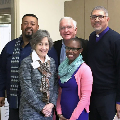 A delegation from New Orleans traveled to Atlanta in February to learn more about the Diocese of Atlanta's dismantling racism trainings. They were, from left, Trevor-David Bryan, Pat Corderman, Dan Krutz, Lindsey Ardrey, joined by Atlanta Bishop Robert Wright. Photo: Catherine Meeks 